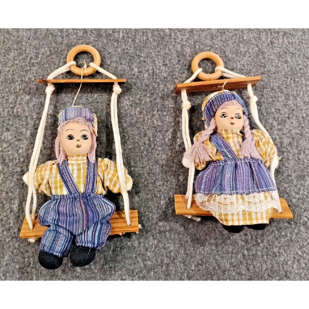 Vintage Porcelain Dolls Marionette Boy & Girl On A Wooden Swing Clown Doll